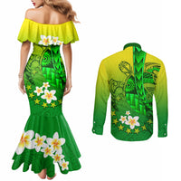 Kia Orana Cook Islands Couples Matching Mermaid Dress and Long Sleeve Button Shirt Kuki Airani Tattoo Pattern With Sea Turtle LT14 - Polynesian Pride