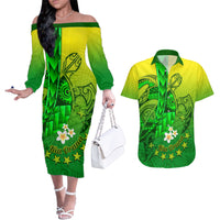 Kia Orana Cook Islands Couples Matching Off The Shoulder Long Sleeve Dress and Hawaiian Shirt Kuki Airani Tattoo Pattern With Sea Turtle LT14 Green - Polynesian Pride