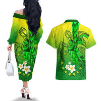 Kia Orana Cook Islands Couples Matching Off The Shoulder Long Sleeve Dress and Hawaiian Shirt Kuki Airani Tattoo Pattern With Sea Turtle LT14 - Polynesian Pride