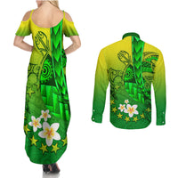 Kia Orana Cook Islands Couples Matching Summer Maxi Dress and Long Sleeve Button Shirt Kuki Airani Tattoo Pattern With Sea Turtle LT14 - Polynesian Pride