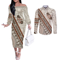 Bula Fiji Couples Matching Off The Shoulder Long Sleeve Dress and Long Sleeve Button Shirt Fijian Masi Tapa Cloth Vintage Vibes LT14 Beige - Polynesian Pride
