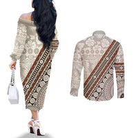 Bula Fiji Couples Matching Off The Shoulder Long Sleeve Dress and Long Sleeve Button Shirt Fijian Masi Tapa Cloth Vintage Vibes LT14 - Polynesian Pride