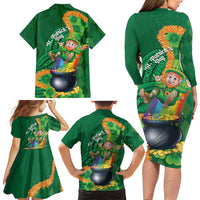 St Patrick's Day Hawaii Family Matching Long Sleeve Bodycon Dress and Hawaiian Shirt Hauoli Maoli Funny Shaka Leprechaun