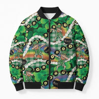 St Patrick's Day Palaka Hawaii Bomber Puffer Jacket Kukui Nut Pikake Lei Shamrock Dabbing Leprechaun