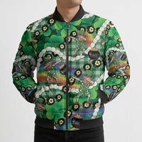 St Patrick's Day Palaka Hawaii Bomber Puffer Jacket Kukui Nut Pikake Lei Shamrock Dabbing Leprechaun
