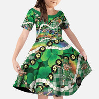 St Patrick's Day Palaka Hawaii Family Matching Off Shoulder Maxi Dress and Hawaiian Shirt Kukui Nut Pikake Lei Shamrock Dabbing Leprechaun LT14 Daughter's Dress Green - Polynesian Pride