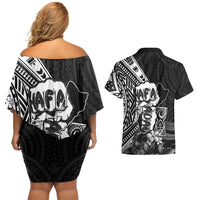 Hafa Adai Guam Discovery Day Couples Matching Off Shoulder Short Dress and Hawaiian Shirt Chamorro Latte Stone Hand Black Version