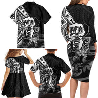 Hafa Adai Guam Discovery Day Family Matching Long Sleeve Bodycon Dress and Hawaiian Shirt Chamorro Latte Stone Hand Black Version