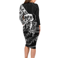 Hafa Adai Guam Discovery Day Family Matching Long Sleeve Bodycon Dress and Hawaiian Shirt Chamorro Latte Stone Hand Black Version