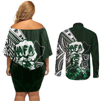 Hafa Adai Guam Discovery Day Couples Matching Off Shoulder Short Dress and Long Sleeve Button Shirt Chamorro Latte Stone Hand Green Version