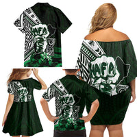 Hafa Adai Guam Discovery Day Family Matching Off Shoulder Short Dress and Hawaiian Shirt Chamorro Latte Stone Hand Green Version LT14 - Polynesian Pride