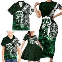 Hafa Adai Guam Discovery Day Family Matching Short Sleeve Bodycon Dress and Hawaiian Shirt Chamorro Latte Stone Hand Green Version