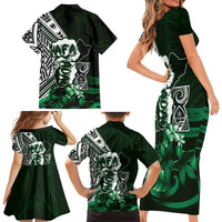 Hafa Adai Guam Discovery Day Family Matching Short Sleeve Bodycon Dress and Hawaiian Shirt Chamorro Latte Stone Hand Green Version