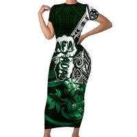 Hafa Adai Guam Discovery Day Family Matching Short Sleeve Bodycon Dress and Hawaiian Shirt Chamorro Latte Stone Hand Green Version