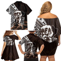 Hafa Adai Guam Discovery Day Family Matching Off Shoulder Short Dress and Hawaiian Shirt Chamorro Latte Stone Hand Brown Version LT14 - Polynesian Pride