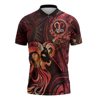 Personalised Polynesia Zodiac Aries Zipper Polo Shirt Galaxy Polynesian Pattern Chest Tattoo Style LT14 Red - Polynesian Pride