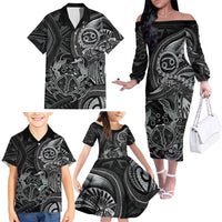 Personalised Polynesia Zodiac Cancer Family Matching Off The Shoulder Long Sleeve Dress and Hawaiian Shirt Galaxy Polynesian Pattern Chest Tattoo Style