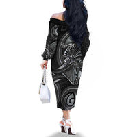Personalised Polynesia Zodiac Cancer Family Matching Off The Shoulder Long Sleeve Dress and Hawaiian Shirt Galaxy Polynesian Pattern Chest Tattoo Style