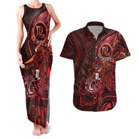 Personalised Polynesia Zodiac Scorpio Couples Matching Tank Maxi Dress and Hawaiian Shirt Galaxy Polynesian Pattern Chest Tattoo Style LT14 Red - Polynesian Pride