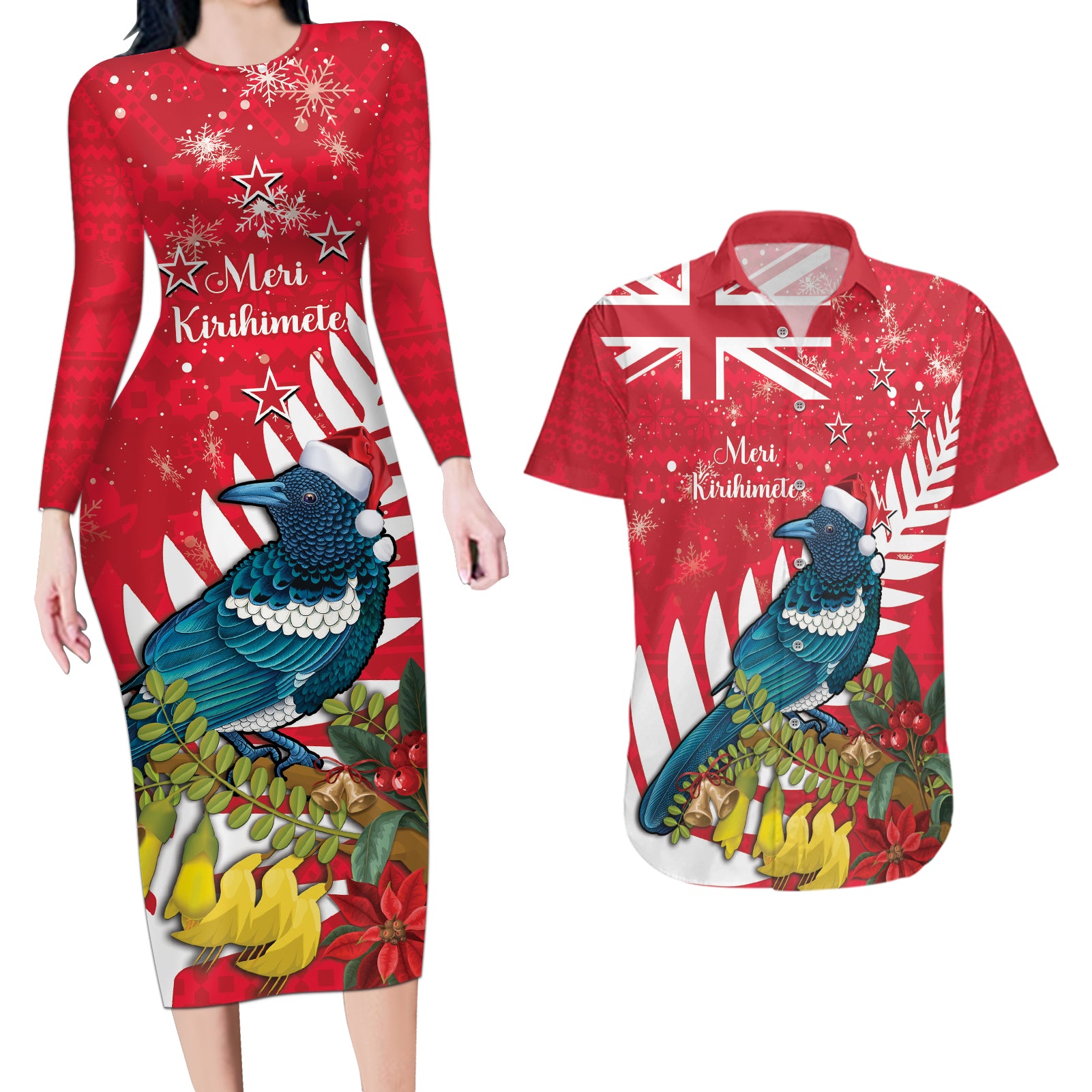 New Zealand Christmas In July Couples Matching Long Sleeve Bodycon Dress and Hawaiian Shirt Tui Bird With Kowhai Meri Kirihimete
