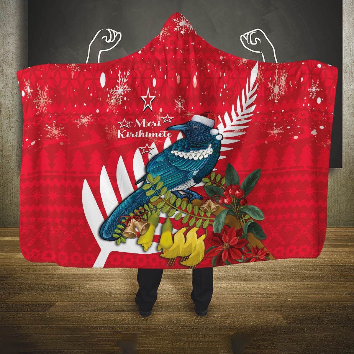 New Zealand Christmas In July Hooded Blanket Tui Bird With Kowhai Meri Kirihimete