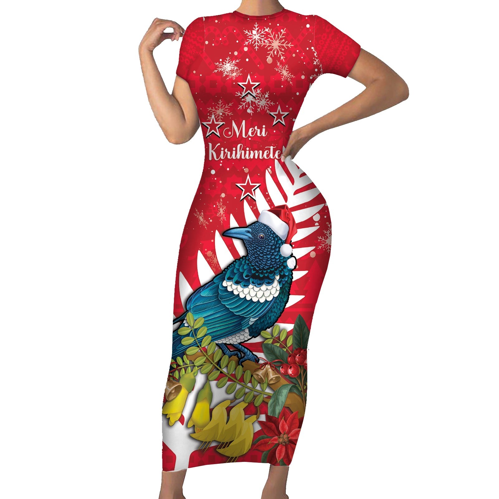 New Zealand Christmas In July Short Sleeve Bodycon Dress Tui Bird With Kowhai Meri Kirihimete