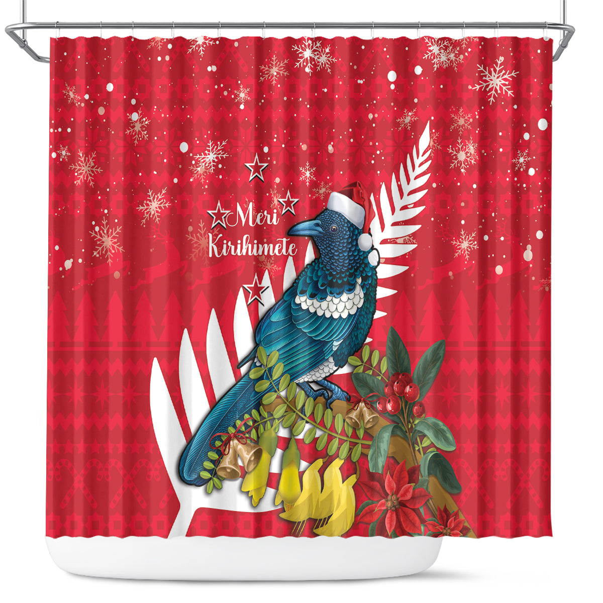 New Zealand Christmas In July Shower Curtain Tui Bird With Kowhai Meri Kirihimete