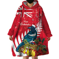 New Zealand Christmas In July Wearable Blanket Hoodie Tui Bird With Kowhai Meri Kirihimete