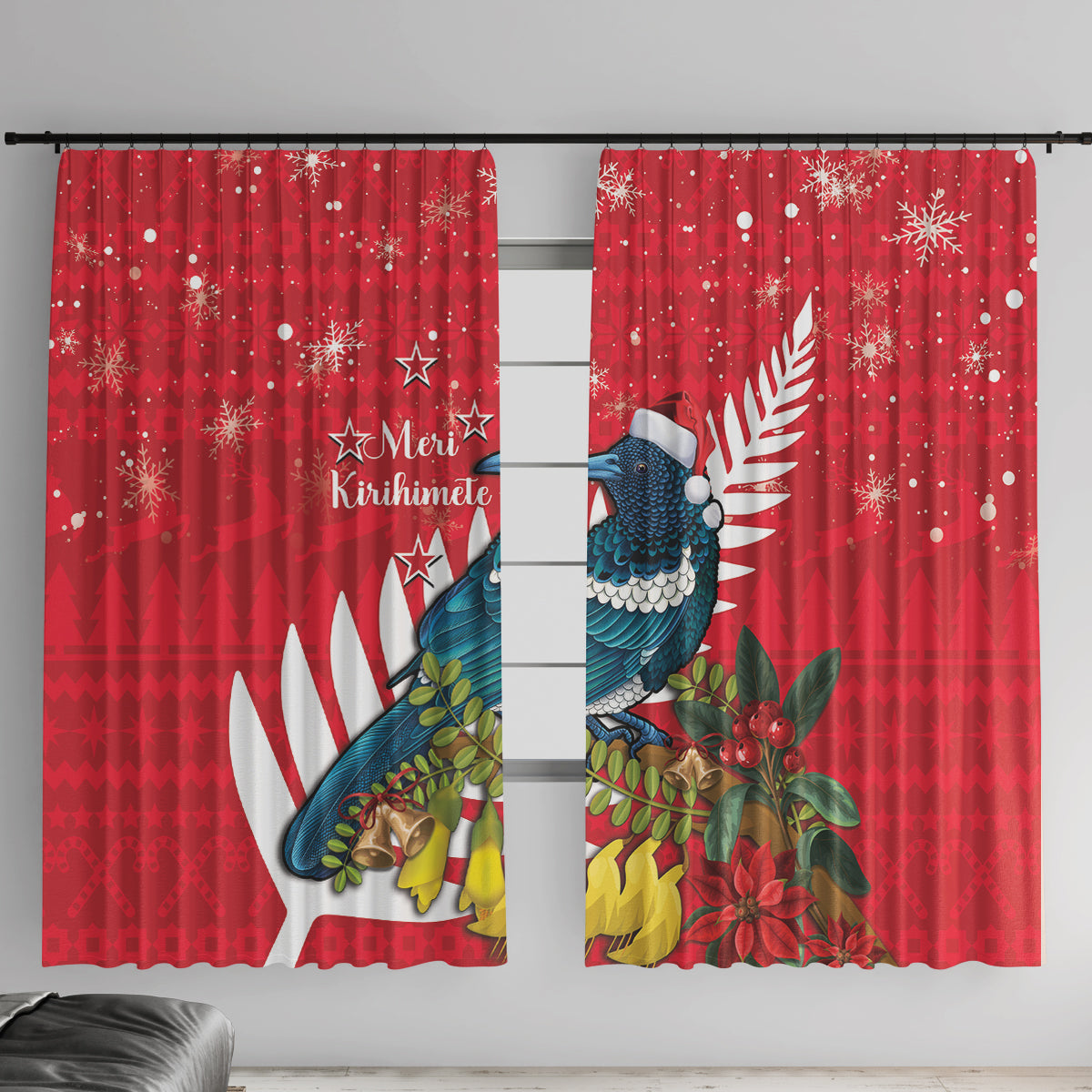 New Zealand Christmas In July Window Curtain Tui Bird With Kowhai Meri Kirihimete