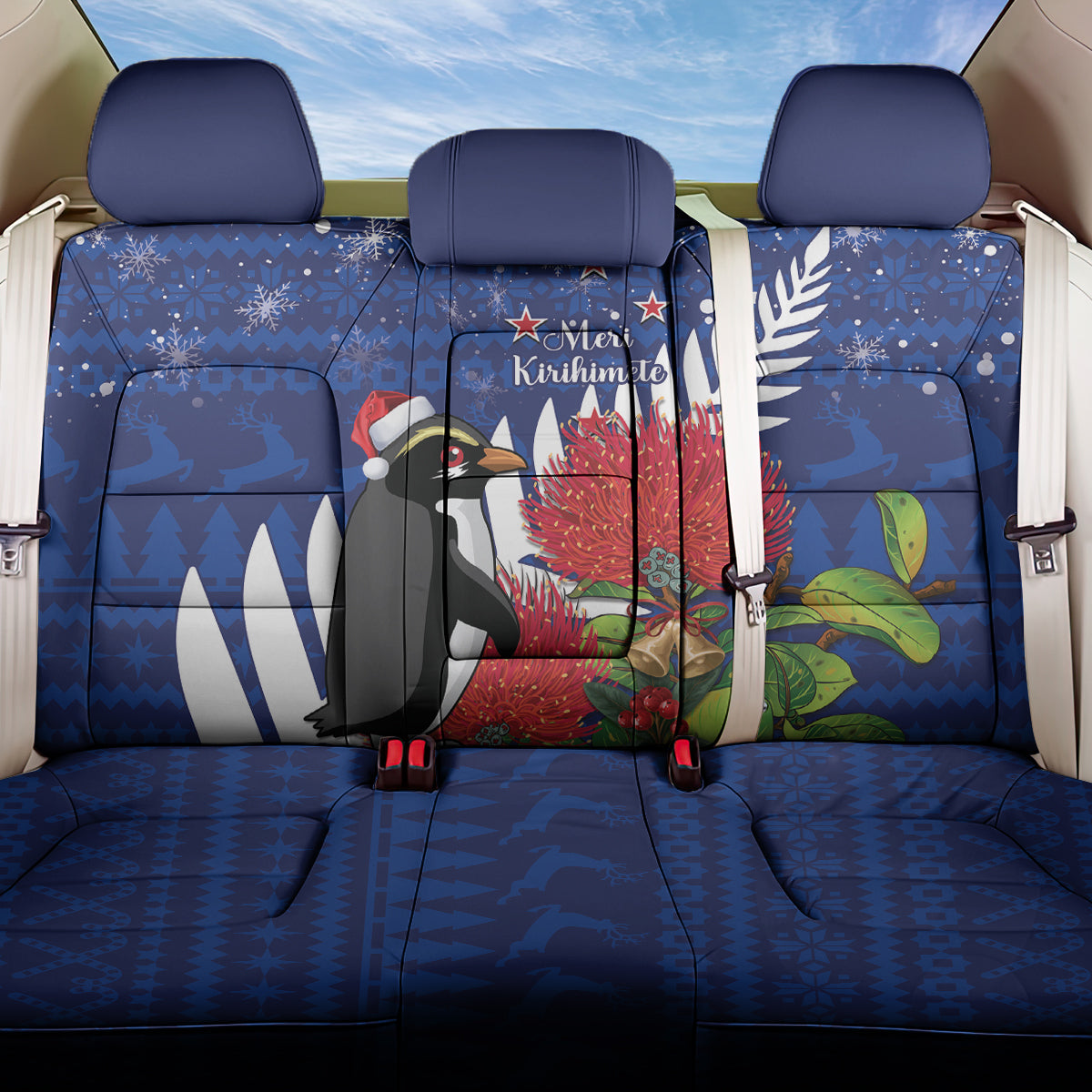 New Zealand Christmas In July Back Car Seat Cover Fiordland Penguin With Pohutukawa Flower