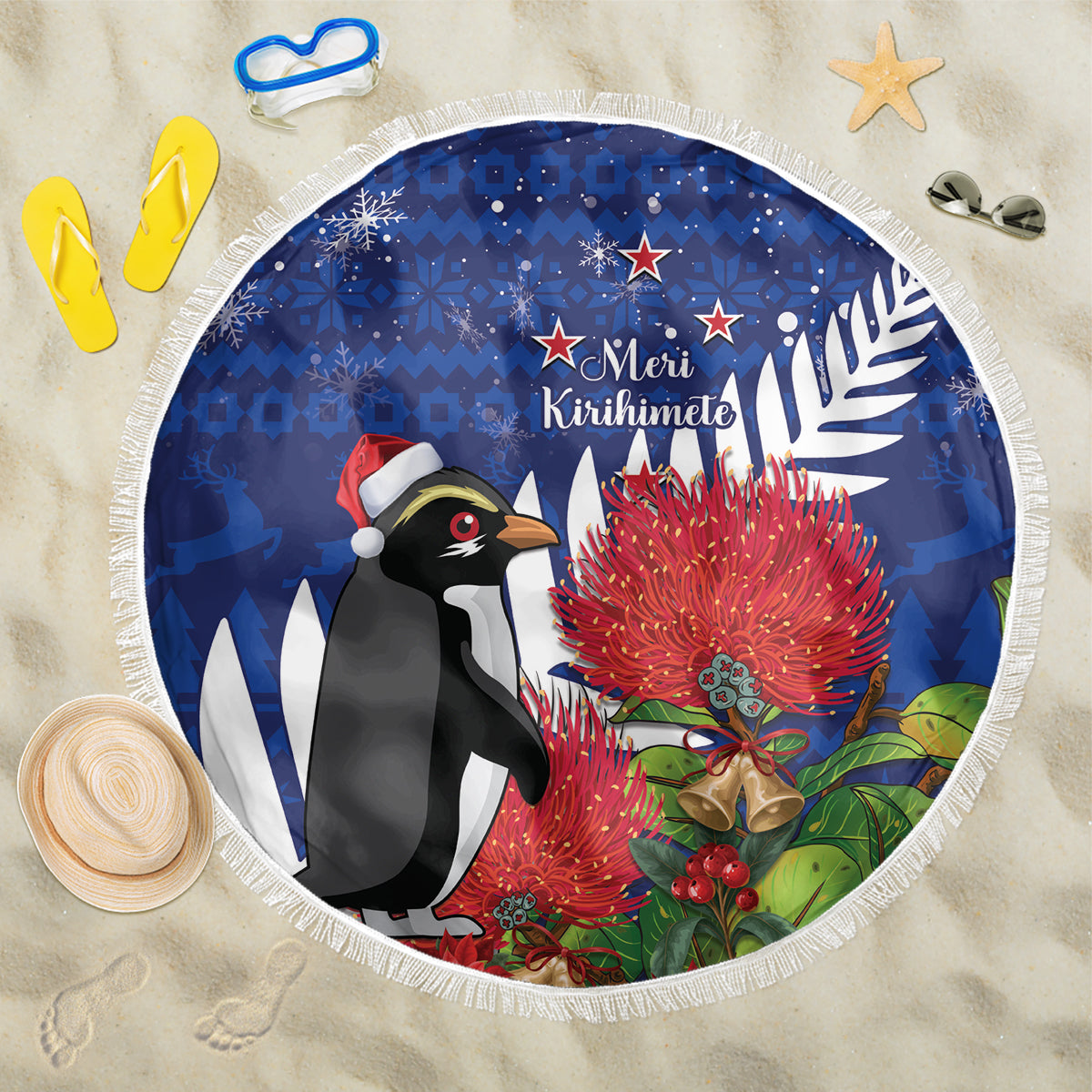 New Zealand Christmas In July Beach Blanket Fiordland Penguin With Pohutukawa Flower
