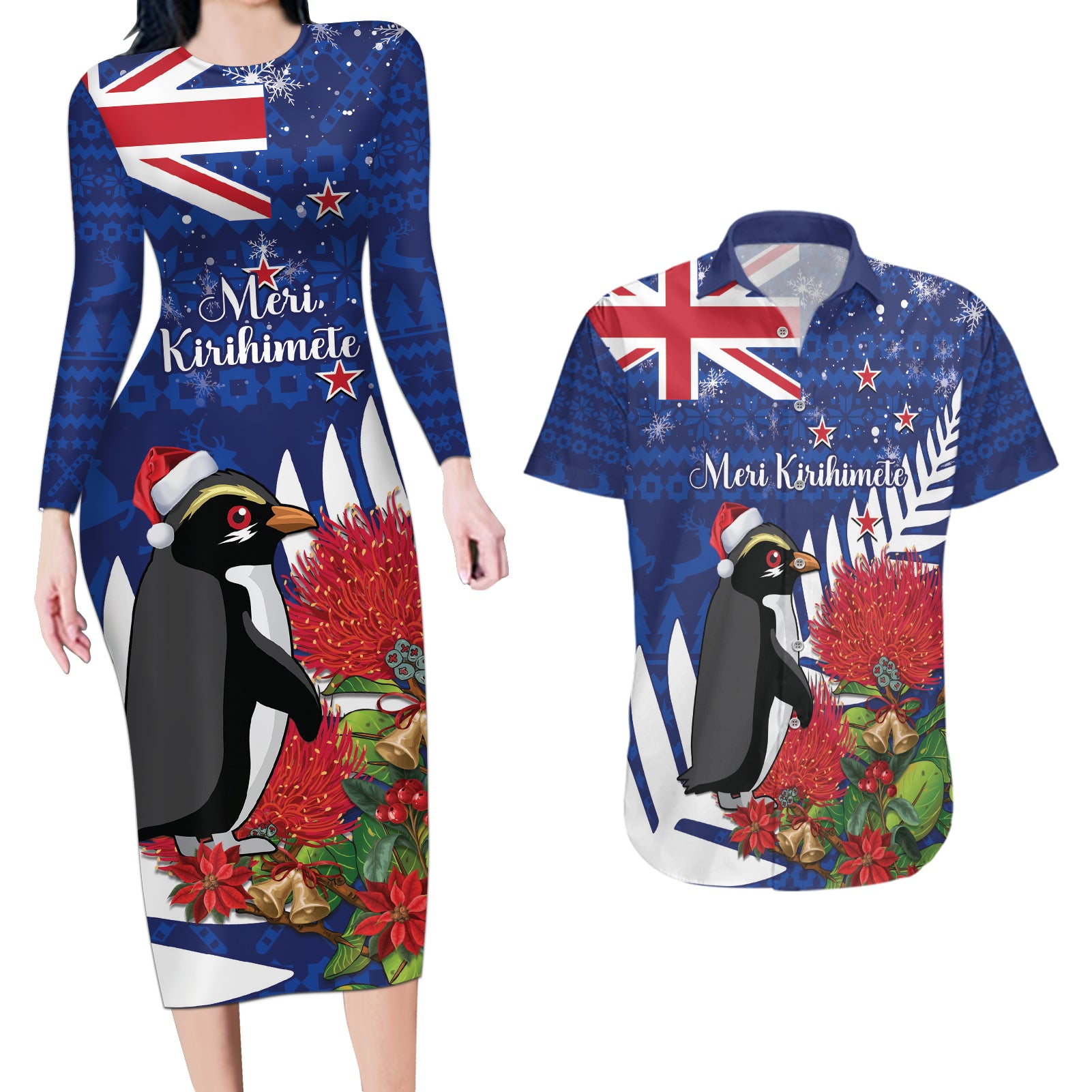 New Zealand Christmas In July Couples Matching Long Sleeve Bodycon Dress and Hawaiian Shirt Fiordland Penguin With Pohutukawa Flower