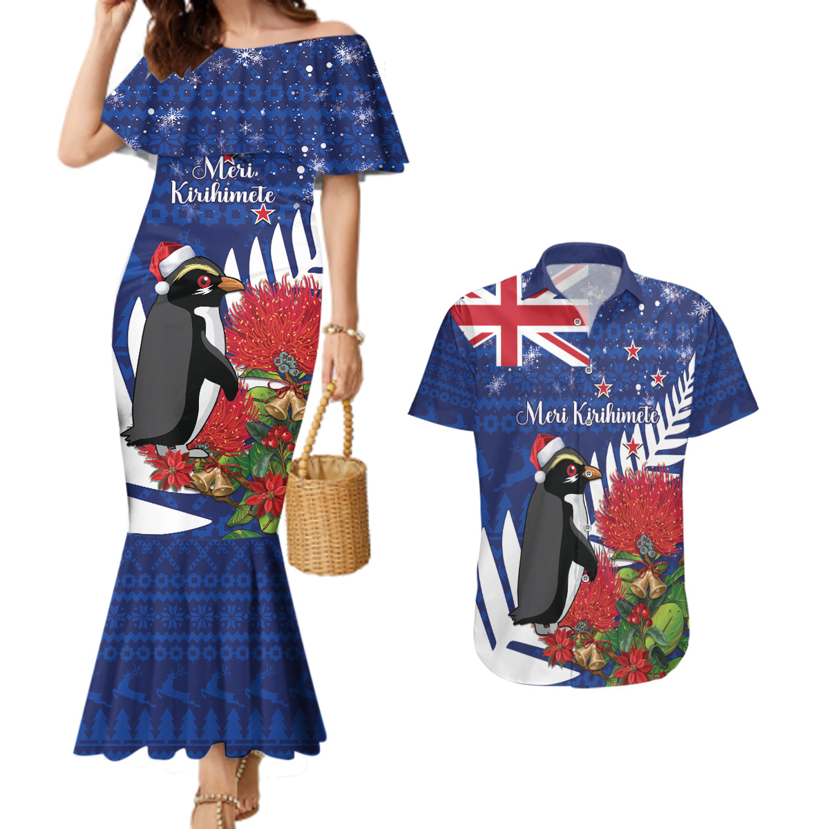New Zealand Christmas In July Couples Matching Mermaid Dress and Hawaiian Shirt Fiordland Penguin With Pohutukawa Flower