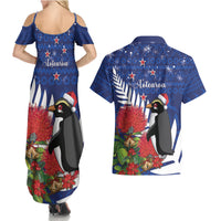 New Zealand Christmas In July Couples Matching Summer Maxi Dress and Hawaiian Shirt Fiordland Penguin With Pohutukawa Flower