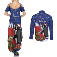New Zealand Christmas In July Couples Matching Summer Maxi Dress and Long Sleeve Button Shirt Fiordland Penguin With Pohutukawa Flower