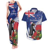 New Zealand Christmas In July Couples Matching Tank Maxi Dress and Hawaiian Shirt Fiordland Penguin With Pohutukawa Flower