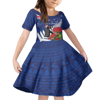 New Zealand Christmas In July Family Matching Short Sleeve Bodycon Dress and Hawaiian Shirt Fiordland Penguin With Pohutukawa Flower LT14 Daughter's Dress Blue - Polynesian Pride
