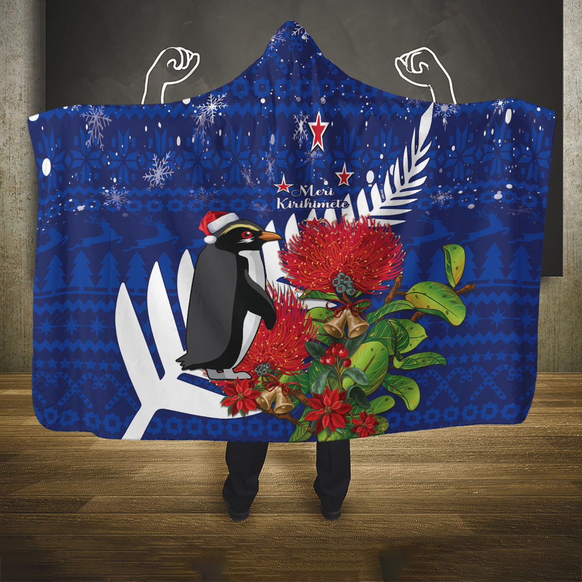 New Zealand Christmas In July Hooded Blanket Fiordland Penguin With Pohutukawa Flower