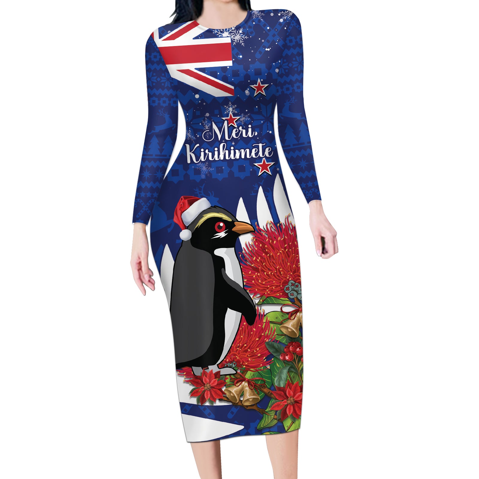 New Zealand Christmas In July Long Sleeve Bodycon Dress Fiordland Penguin With Pohutukawa Flower