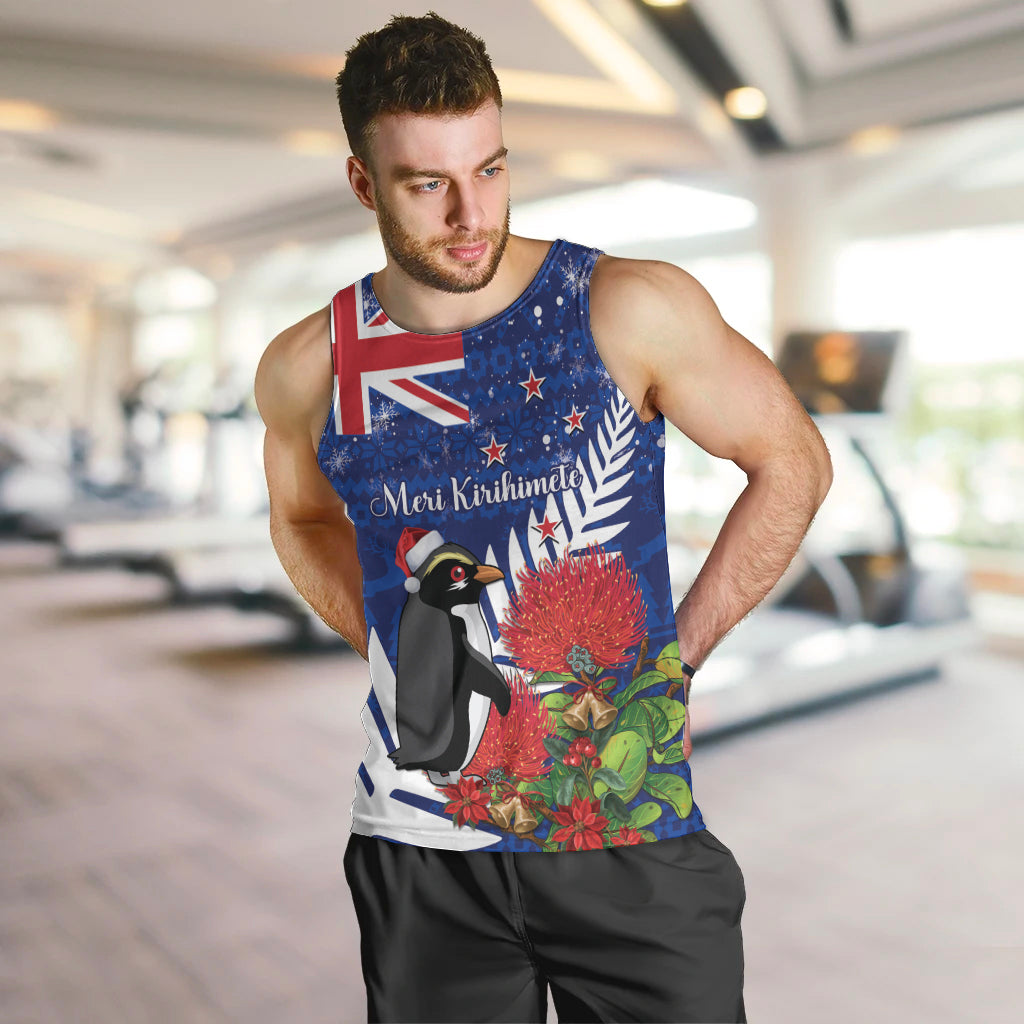 New Zealand Christmas In July Men Tank Top Fiordland Penguin With Pohutukawa Flower