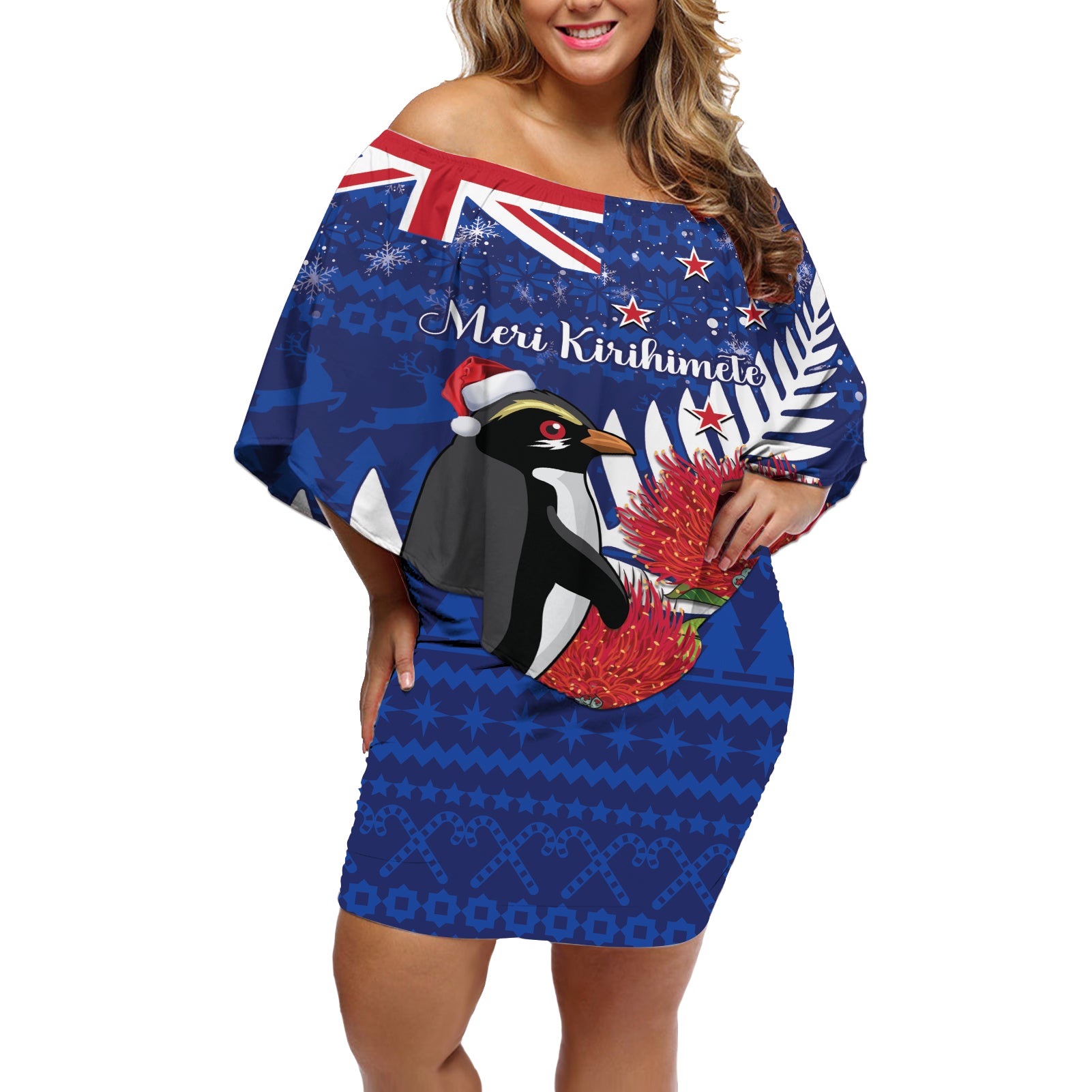 New Zealand Christmas In July Off Shoulder Short Dress Fiordland Penguin With Pohutukawa Flower
