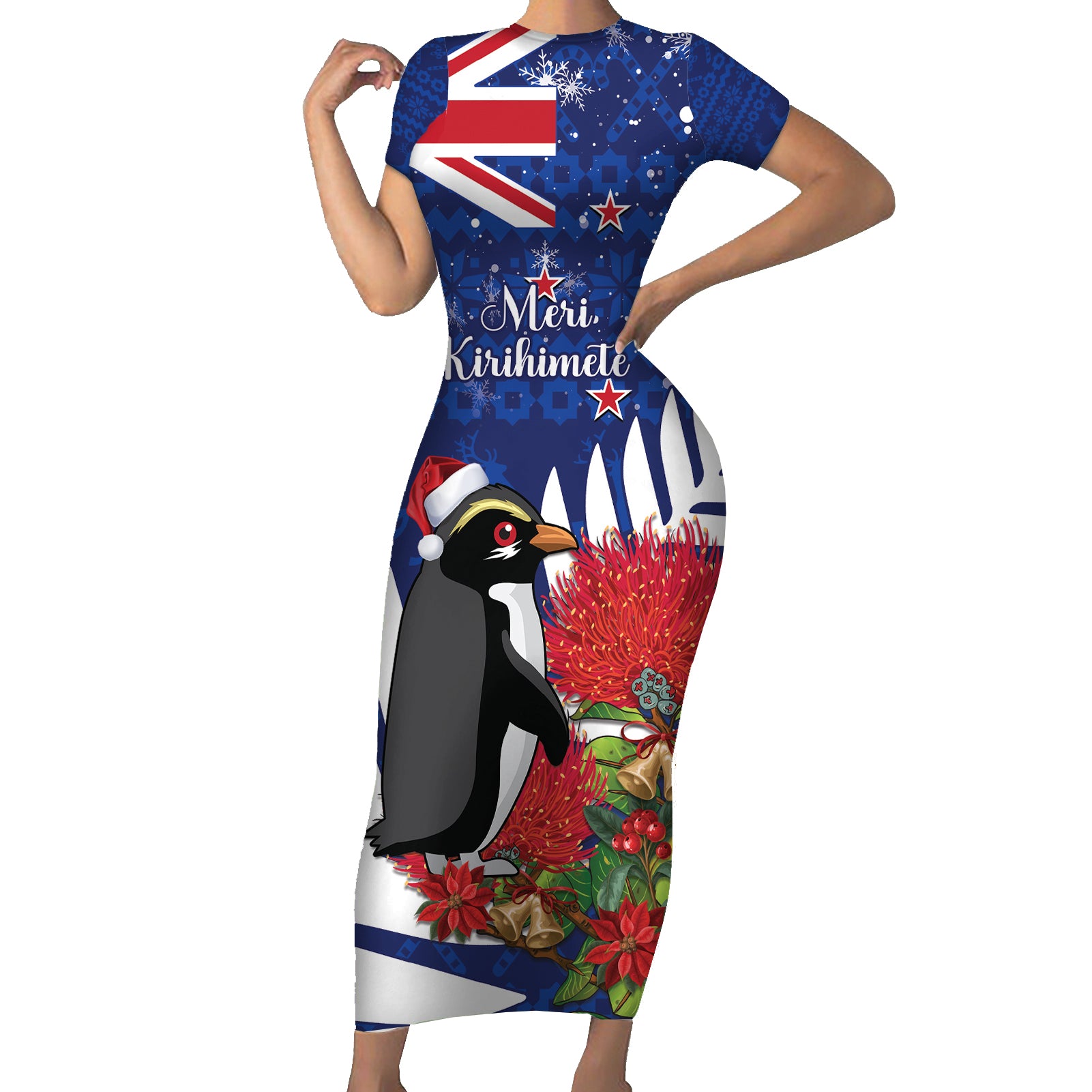 New Zealand Christmas In July Short Sleeve Bodycon Dress Fiordland Penguin With Pohutukawa Flower