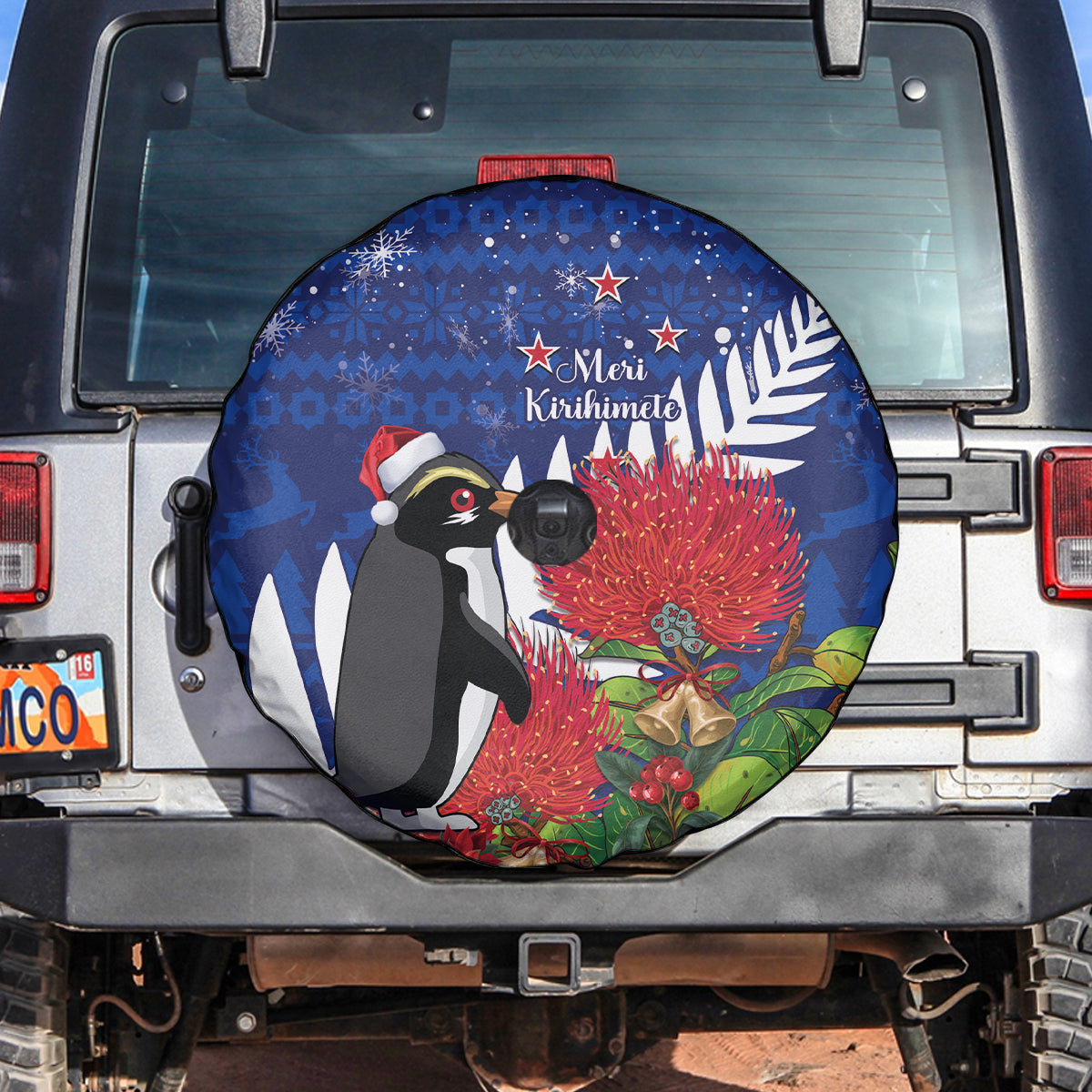 New Zealand Christmas In July Spare Tire Cover Fiordland Penguin With Pohutukawa Flower