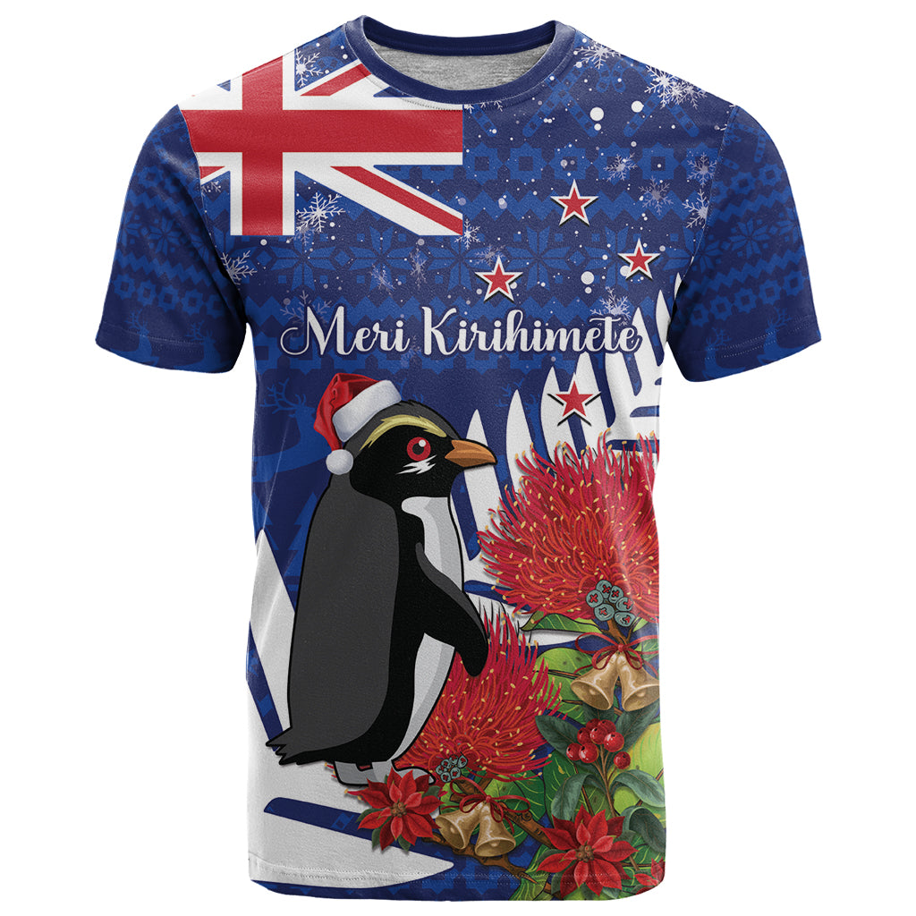 New Zealand Christmas In July T Shirt Fiordland Penguin With Pohutukawa Flower