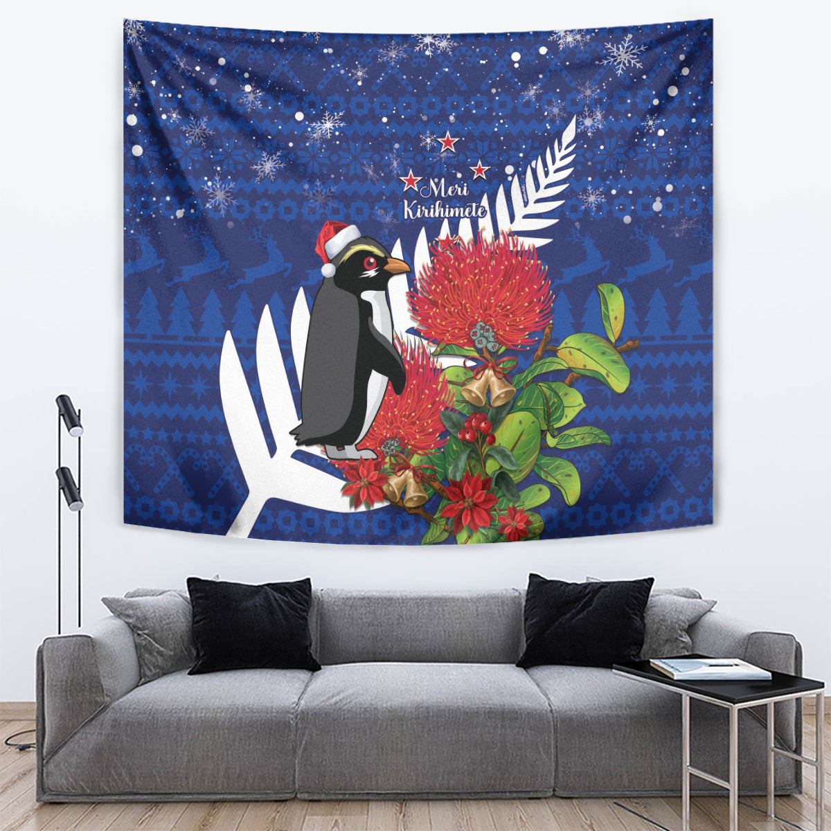 New Zealand Christmas In July Tapestry Fiordland Penguin With Pohutukawa Flower