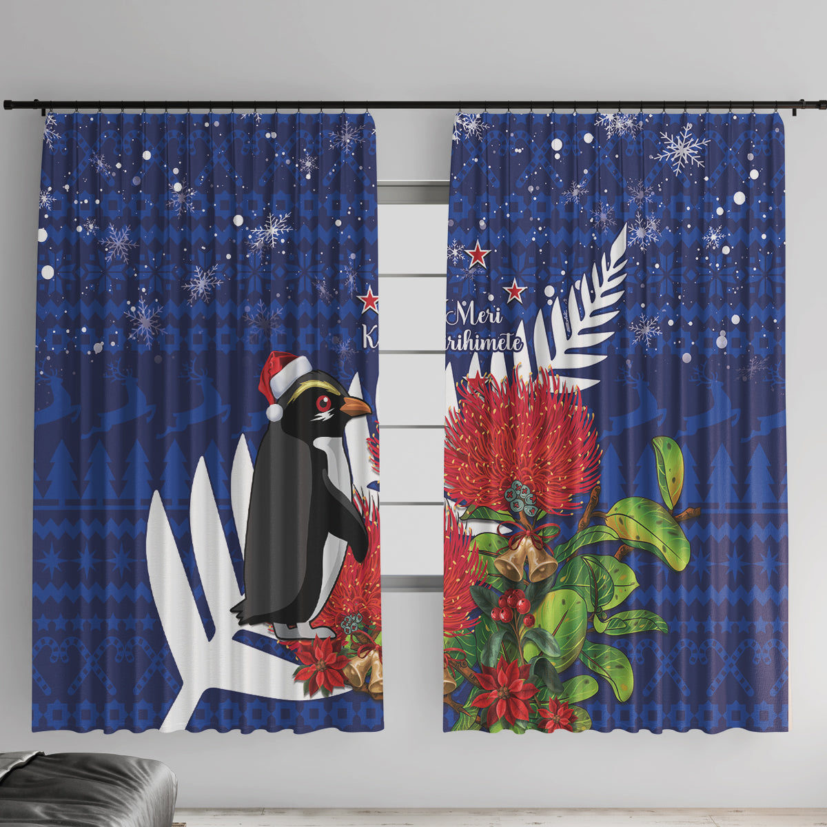 New Zealand Christmas In July Window Curtain Fiordland Penguin With Pohutukawa Flower