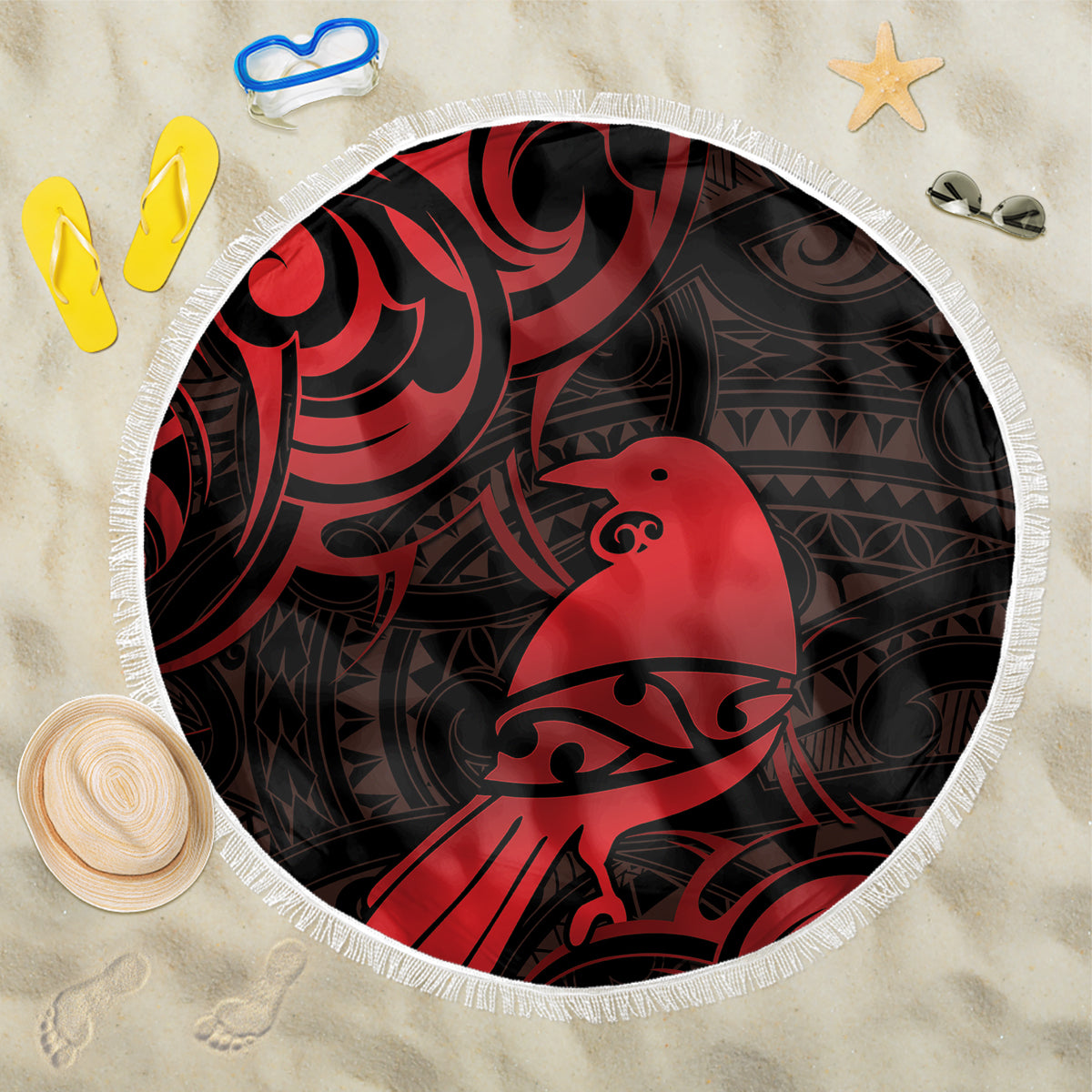 New Zealand Tui Bird Beach Blanket Aotearoa Maori Pattern - Red