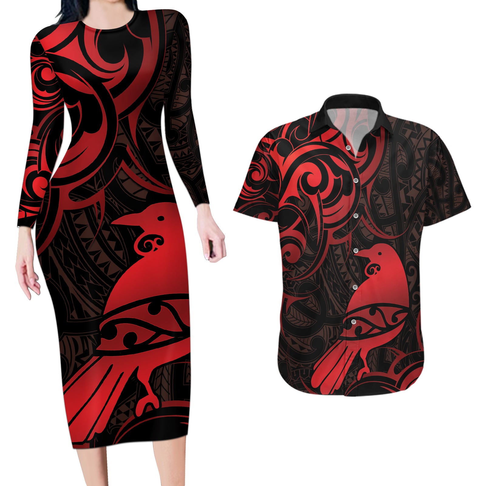 New Zealand Tui Bird Couples Matching Long Sleeve Bodycon Dress and Hawaiian Shirt Aotearoa Maori Pattern - Red