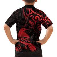 New Zealand Tui Bird Family Matching Off The Shoulder Long Sleeve Dress and Hawaiian Shirt Aotearoa Maori Pattern - Red LT14 - Polynesian Pride