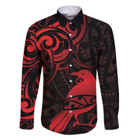 New Zealand Tui Bird Family Matching Off Shoulder Short Dress and Hawaiian Shirt Aotearoa Maori Pattern - Red
